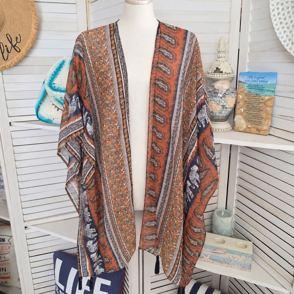 Forever 21+ Elephant Paisley Kimono Wrap One Size OS Oversized Rust Boho